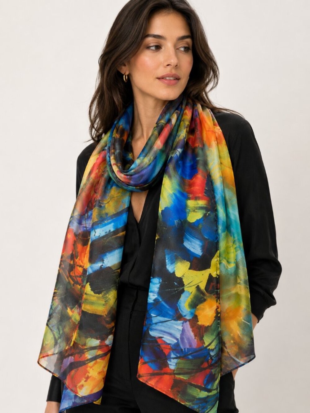 Abstract Art Scarf by Cleo – 2010s – Multicolor Silk Feel – Painterly Pattern - Picture 6 of 12